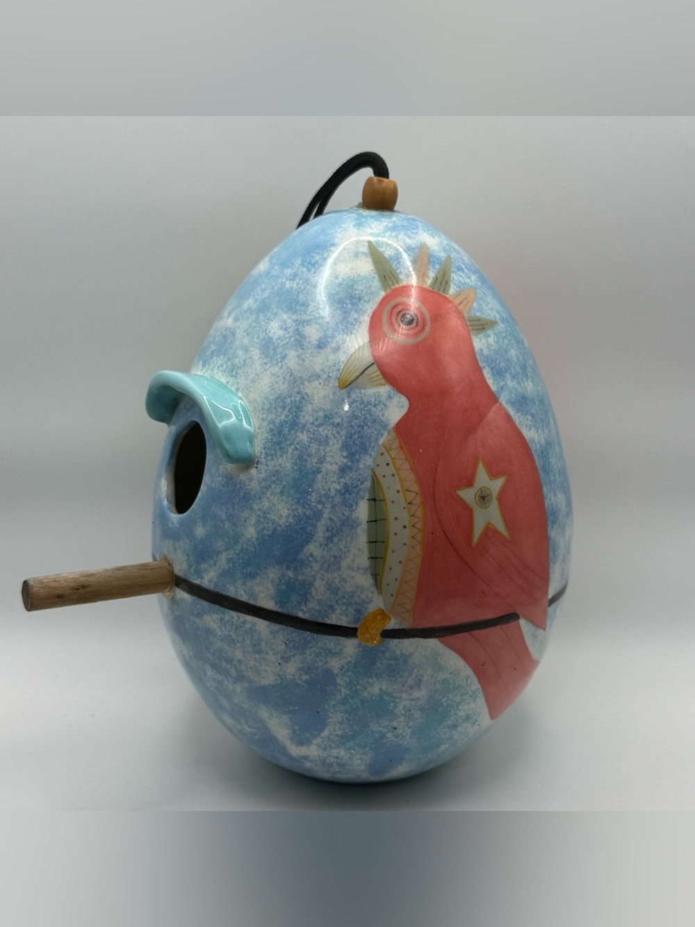 Nest Eggs Ceramic Birdhouse Hand Painted Whimsical Birds Blue Hanging Bird House